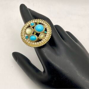 Vintage Turquoise MOP and Rhinestone Glass Stretch Statement Ring
